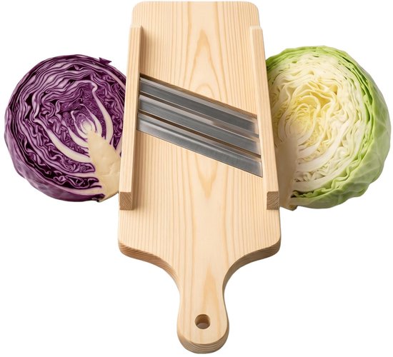 Famanu – Houten koolschaaf met 3 roestvrijstalen messen en handgreep, afmetingen 43 x 16 x 3 cm, ideaal voor het schaven van kool