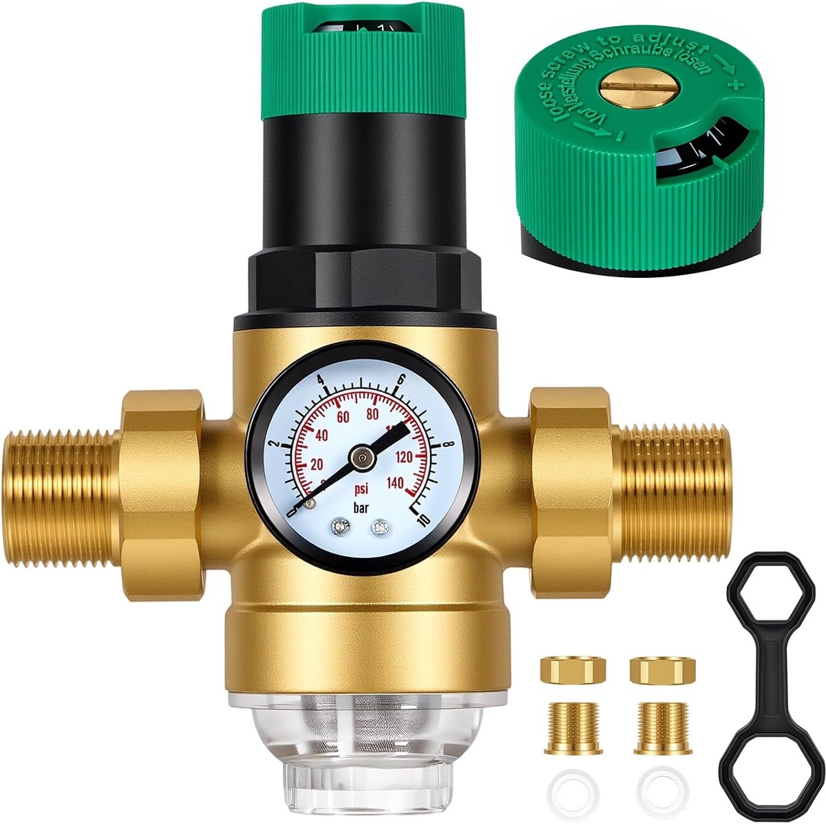 3/4 Inch Water Pressure Regulator, Thickened Brass Pressure Limiter with Pressure Gauge and Mains Filter, Water - ShopVlot