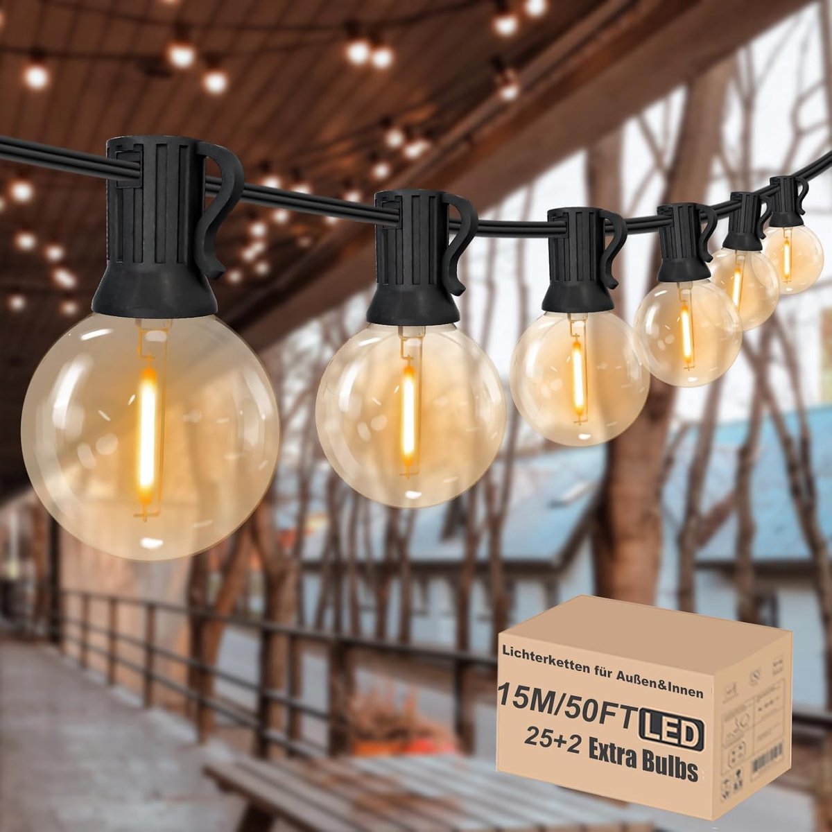 Achin 15 m led-lichtketting voor buiten, warmwit, 2700 K, outdoor lichtketting met 25 + 2 G40 E12-lampen, dimbaar - ShopVlot