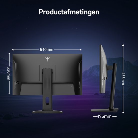Zwarte monitor met afmetingen 540mm breed, 320mm hoog en 193mm diep.