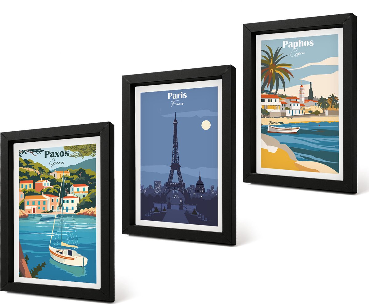 Coloray 4-Delige Schilderij Set - Uitzichten op kuststeden en hun architectuur - 20 x 30 cm - Muurdecoratie - Schilderijen Set - Woonkamer - Wanddecoratie