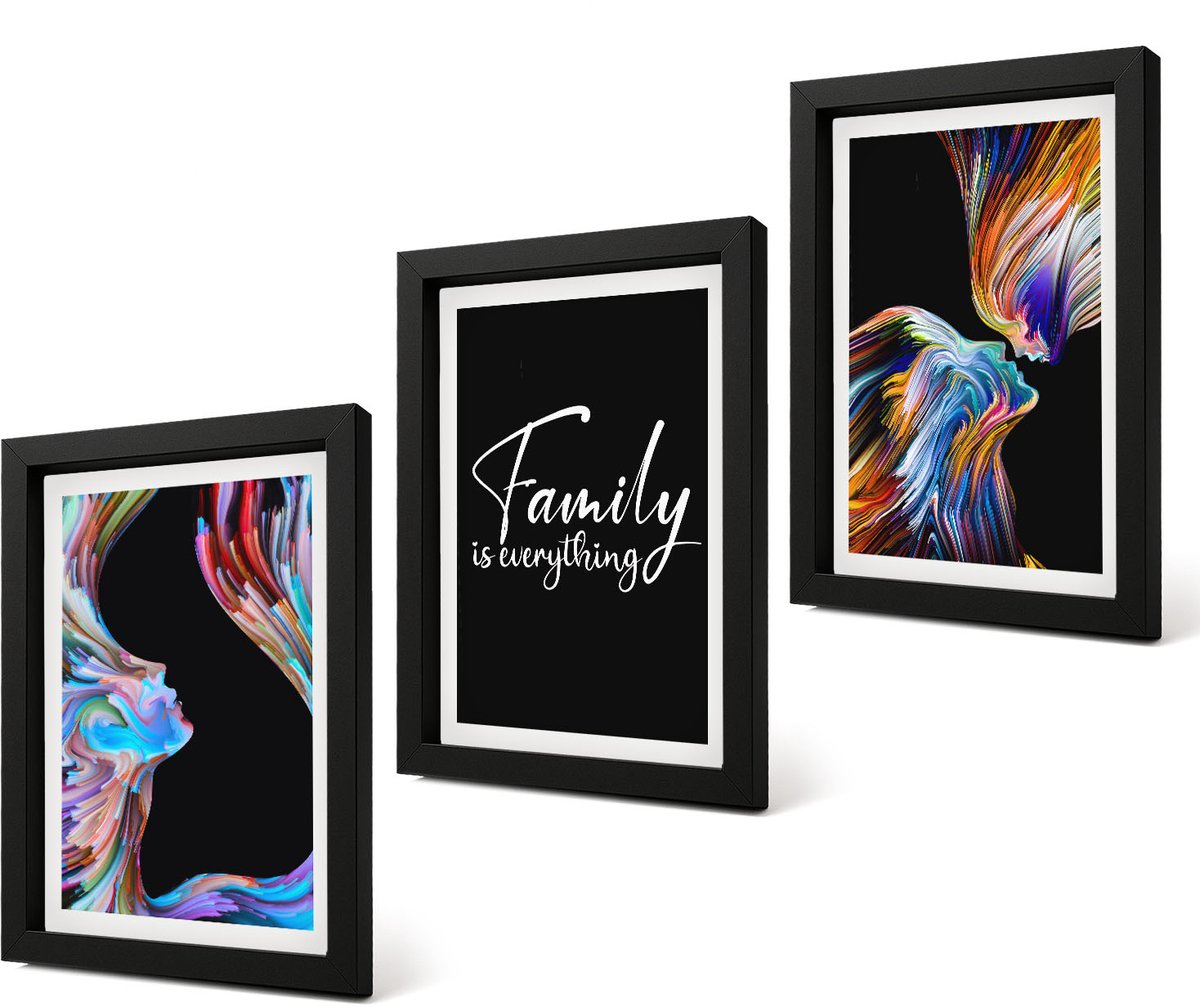 Coloray 4-Delige Schilderij Set - Portretten van mensen in kleurrijke patronen en een opschrift over familie. - 20 x 30 cm - Decoratieve Schilderijen - Woonkamer - Interieur