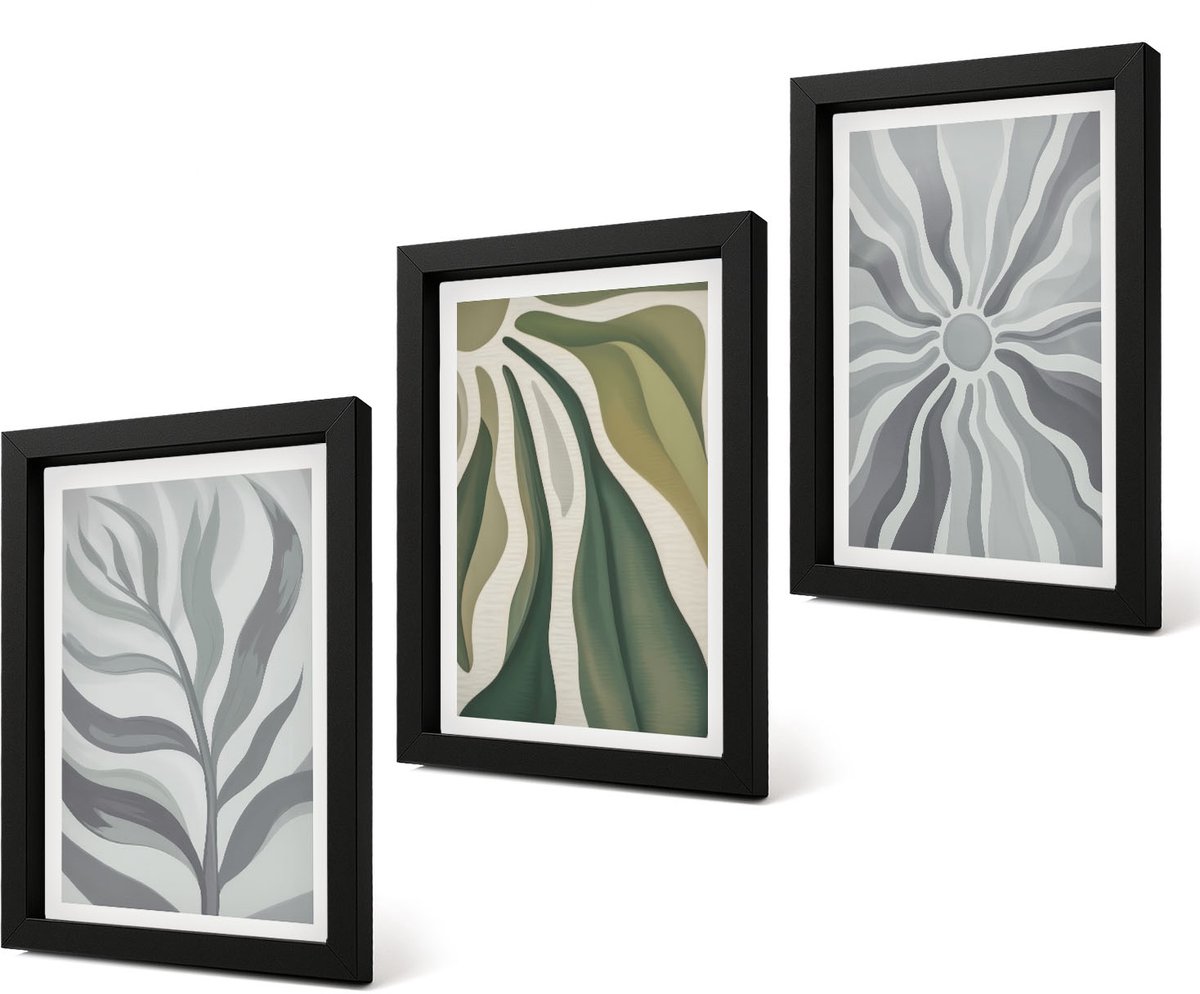 Coloray 4-Delige Schilderij Set - Plantenpatronen in tinten groen en grijs - 20 x 30 cm - Wanddecoratie - Muurdecoratie - Woonkamer