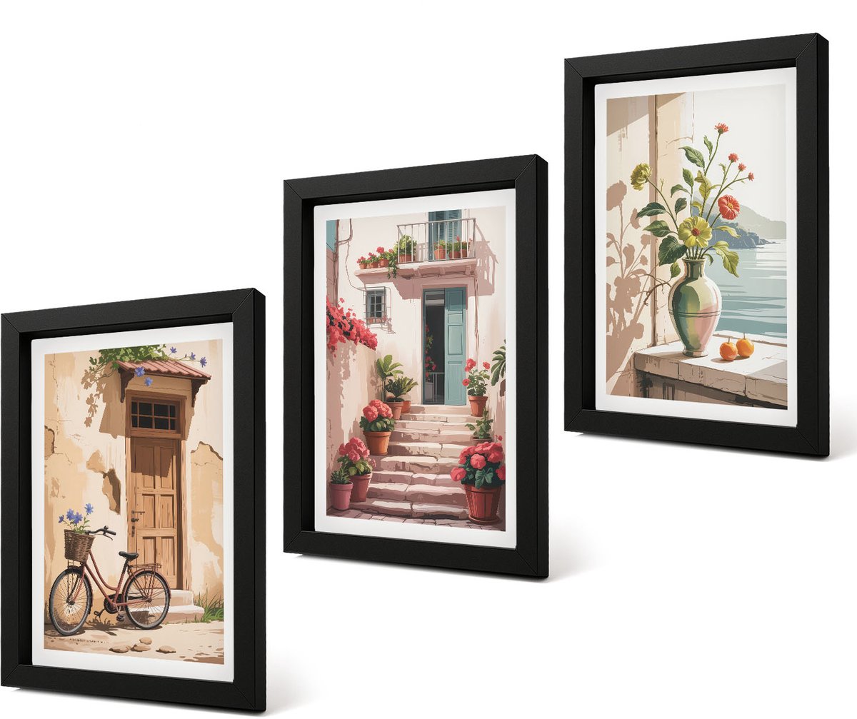Coloray 4-Delige Schilderij Set - Geschilderde straten met bloemen en een fiets - 20 x 30 cm - Moderne Wanddecoratie - Slaapkamer - Stijlvolle Muurdecoratie