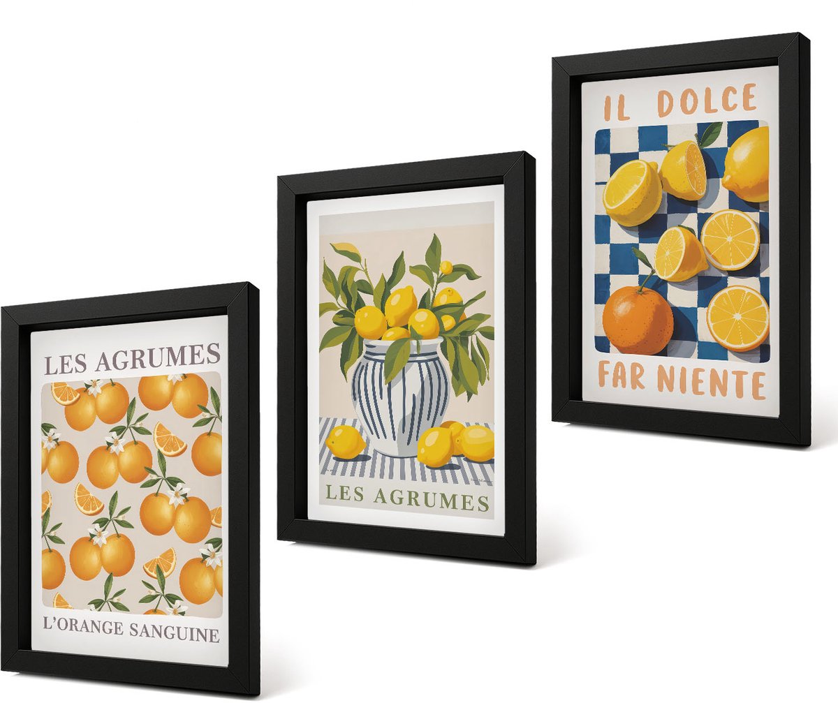 Coloray 4-Delige Schilderij Set - Retro citrusvruchten met gele accenten - 20 x 30 cm - Moderne Wanddecoratie - Slaapkamer - Interieur Decoratie