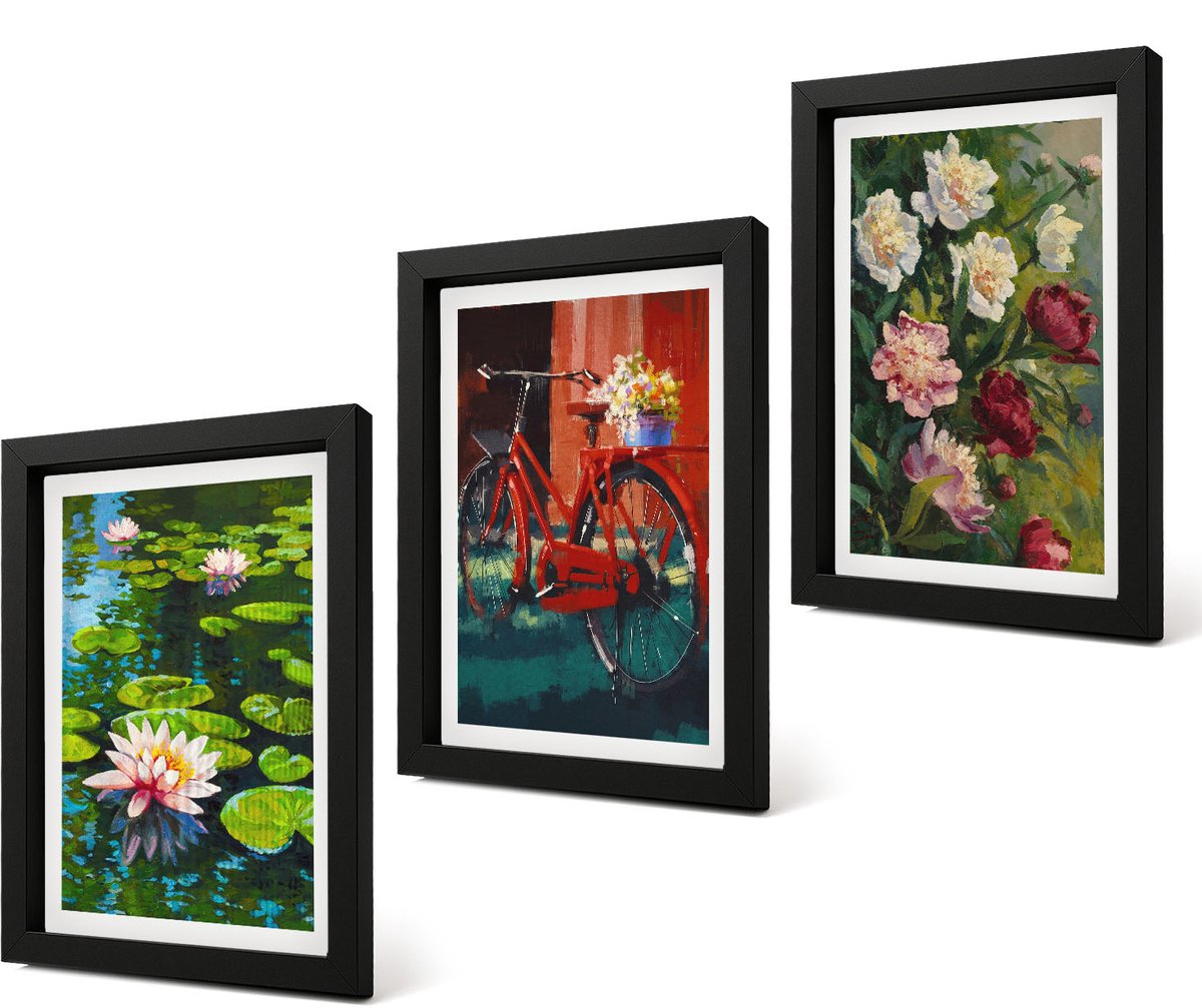 Coloray 4-Delige Schilderij Set - Lelies op de waterfiets in de tuin, kleurrijke bloemen - 20 x 30 cm - Moderne Wanddecoratie - Slaapkamer - Decoratieve Schilderijen