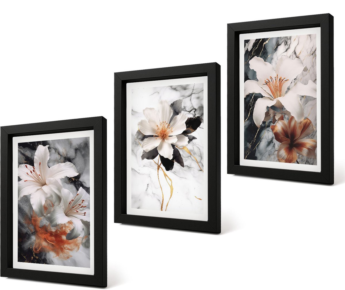 Coloray 4-Delige Schilderij Set - Bloemen op een marmeren achtergrond in wit- en zwarttinten. - 20 x 30 cm - Moderne Wanddecoratie - Slaapkamer - Woonkamer Decoratie