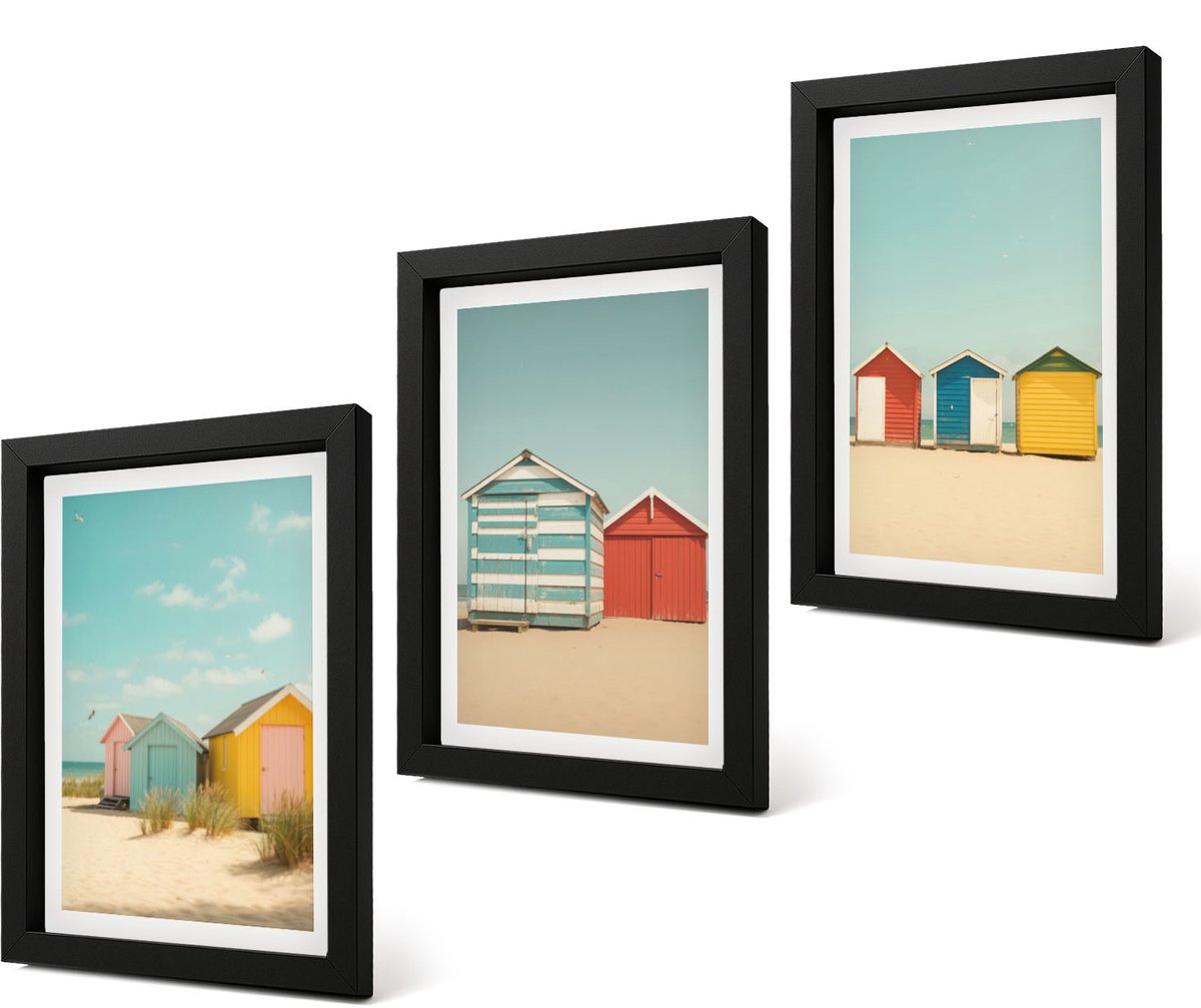 Coloray 4-Delige Schilderij Set - Kleurrijke strandhuisjes op een zonnige dag - 20 x 30 cm - Stijlvolle Wanddecoratie - Interieur