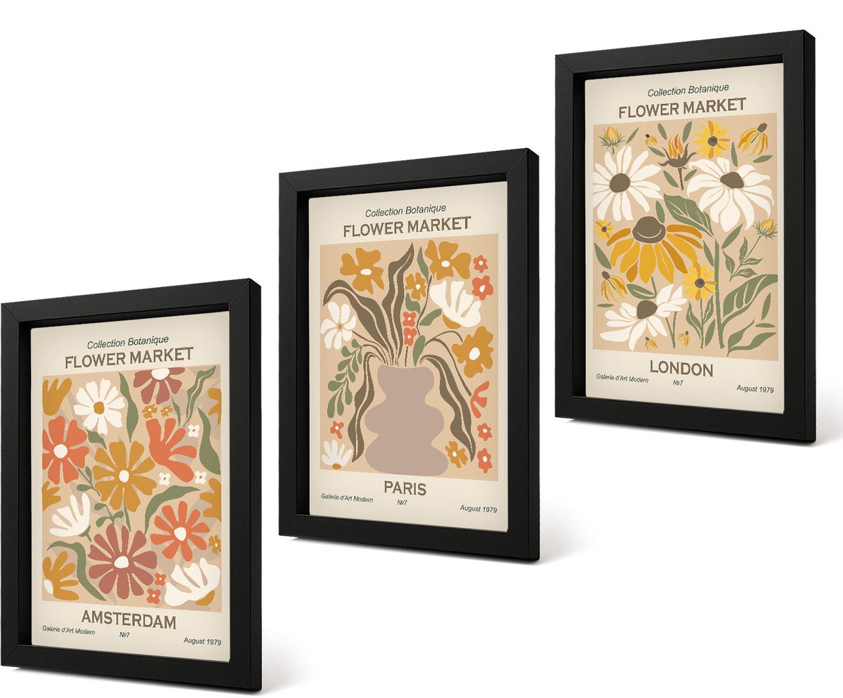 Coloray 4-Delige Schilderij Set - Bloemenpatronen uit Amsterdam, Parijs en Londen - 20 x 30 cm - Decoratieve Muurdecoratie - Slaapkamer - Decoratieve Schilderijen