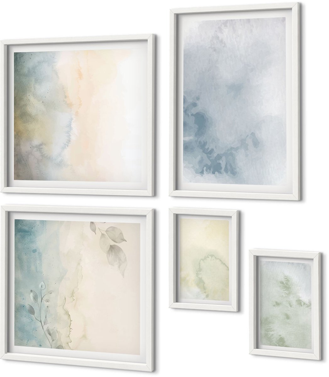Coloray 5-Delige Schilderij Set - Pastelkleurige Aquarelverf Op Canvastextuur - 50 x 50 cm, 20 x 30 cm En 40 x 60 cm - Wanddecoratie - Schilderijen Set - Interieur - Interieur Decoratie