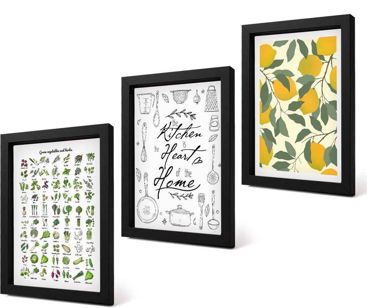 Coloray 4-Delige Schilderij Set - Lijst met keukenkruiden, belettering en beschilderde citroenen - 20 x 30 cm - Wanddecoratie - Moderne Interieurdecoratie - Woonkamer Decoratie