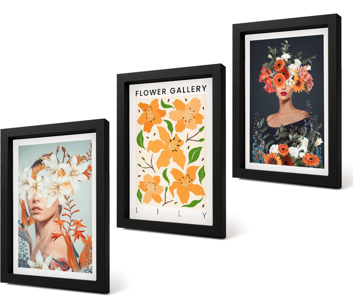 Coloray 4-Delige Schilderij Set - Bloemenportretten met kleurrijke boeketten en bladeren - 20 x 30 cm - Muurdecoratie - Schilderijen Set - Woonkamer - Moderne Wanddecoratie