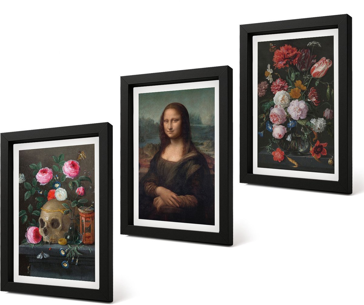 Coloray 4-Delige Schilderij Set - Vintage bloemen, schedel en Mona Lisa-portret van Leonardo Da Vinci - 20 x 30 cm - Decoratieve Muurdecoratie - Slaapkamer - Interieur Decoratie