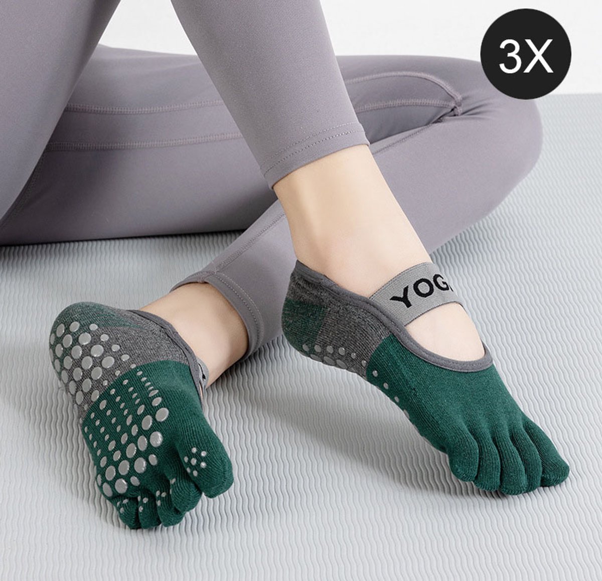 3 Paar Yogasokken - Sportsokken - Teensokken - Antislipsokken - Vloersokken - Pilates Sokken - Geschikt voor Yoga, Ballet, Dans en Barre Training - Groen