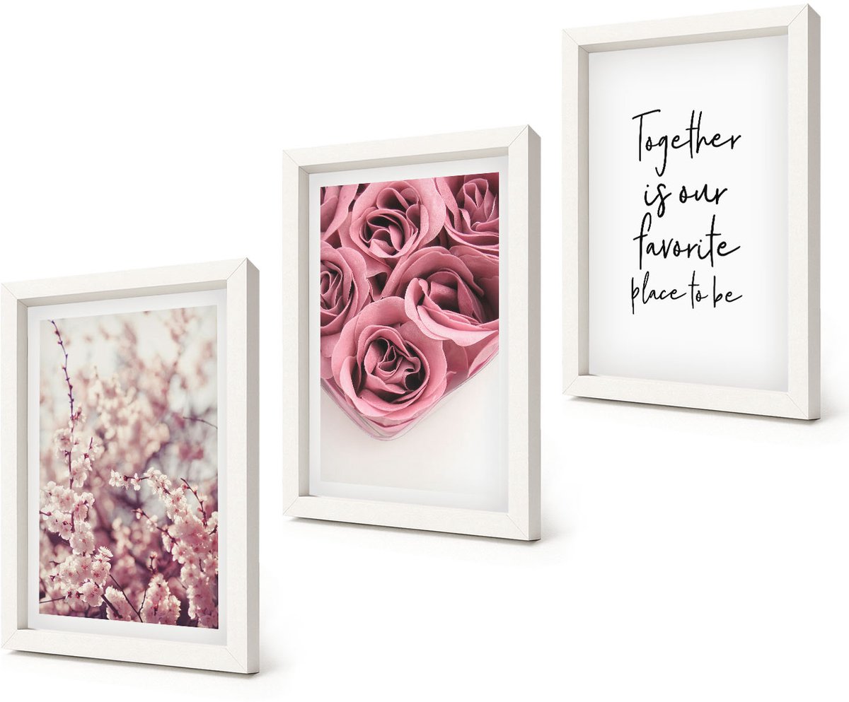 Coloray 3-Delige Schilderij Set - Bloemen en boeketten rozen met een zelfgeschreven tekst. - 20x30 - Muurdecoratie - Interieur Decoratie - Decoratieve Schilderijen