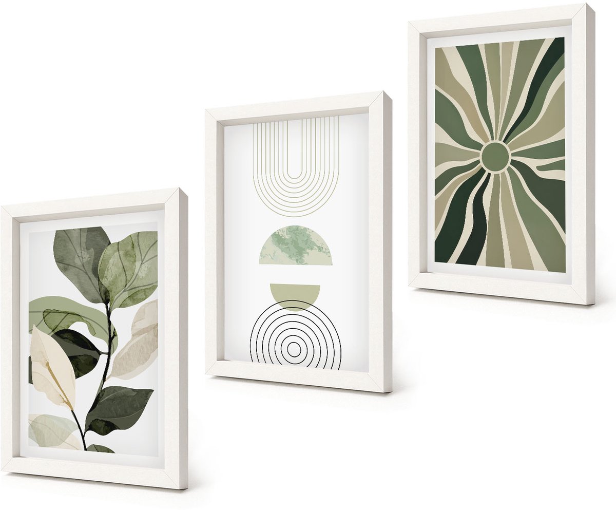 Coloray 3-Delige Schilderij Set - Plantmotieven met geometrische vormen in groen - 20x30 - Decoratieve Muurdecoratie - Slaapkamer - Moderne Wanddecoratie