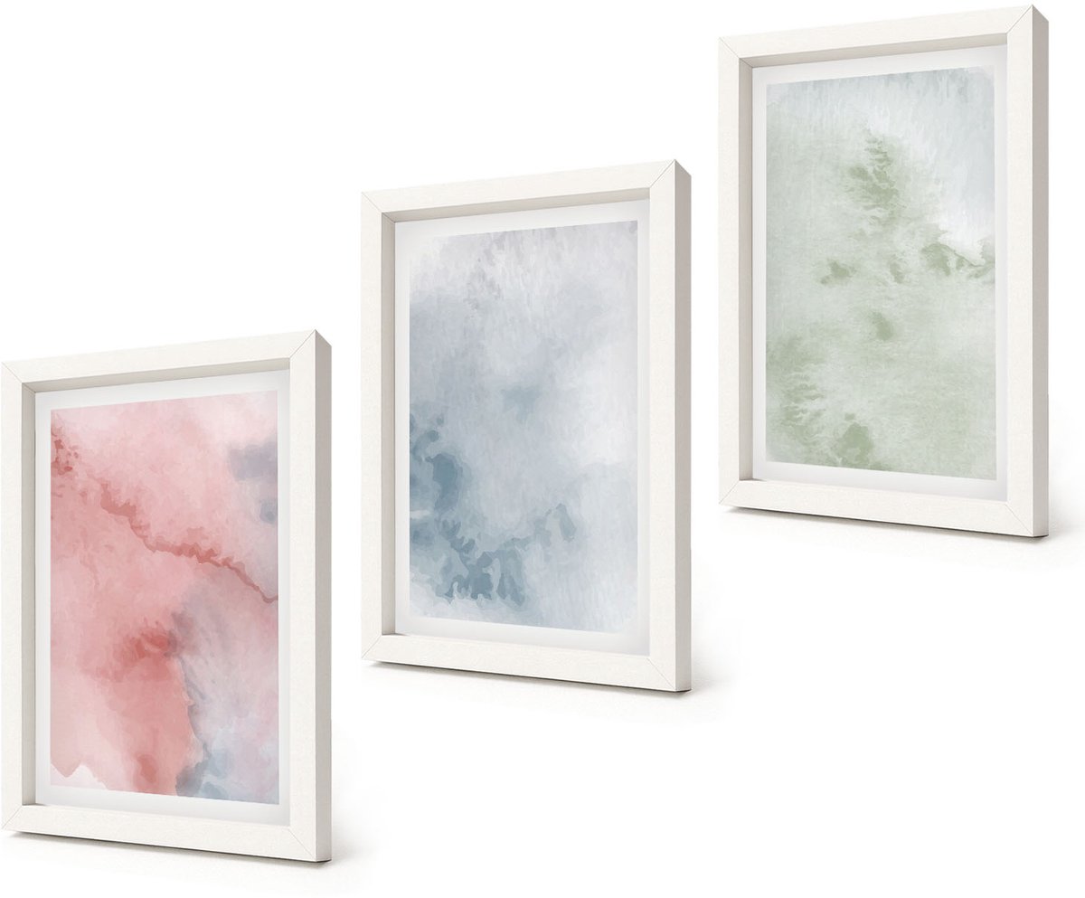 Coloray 3-Delige Schilderij Set - Pastelkleurige structuren, kleurrijke aquarelverf op canvas - 20x30 - Wanddecoratie - Woonkamer Decoratie - Moderne Wanddecoratie