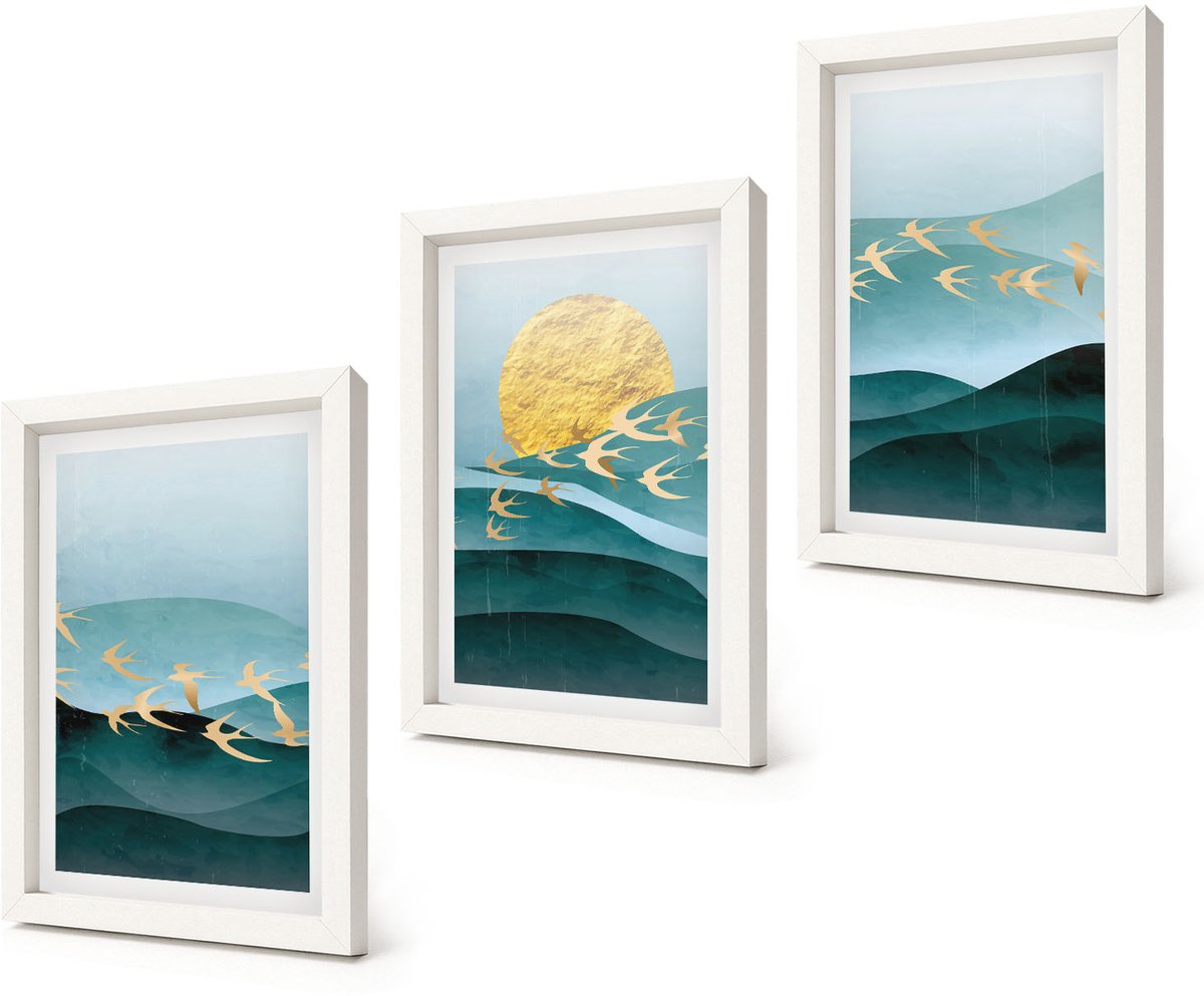 Coloray 3-Delige Schilderij Set - Abstracte landschappen met zonnestralen en vliegende vogels - 20x30 - Decoratieve Muurdecoratie - Slaapkamer - Wanddecoratie