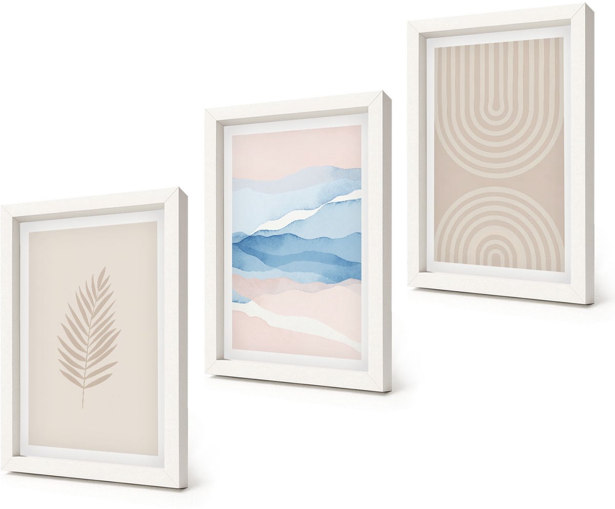Coloray 3-Delige Schilderij Set - Bladeren en golven in beige en blauwe tinten. - 20x30 - Decoratieve Schilderijen - Woonkamer - Interieur - Wanddecoratie