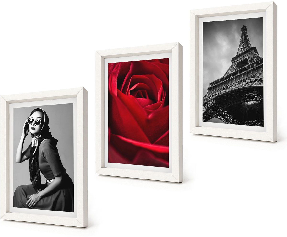 Coloray 3-Delige Schilderij Set - Parijse vrouw met bril, roos en Eiffeltoren - 20x30 - Moderne Wanddecoratie - Slaapkamer - Interieur Decoratie