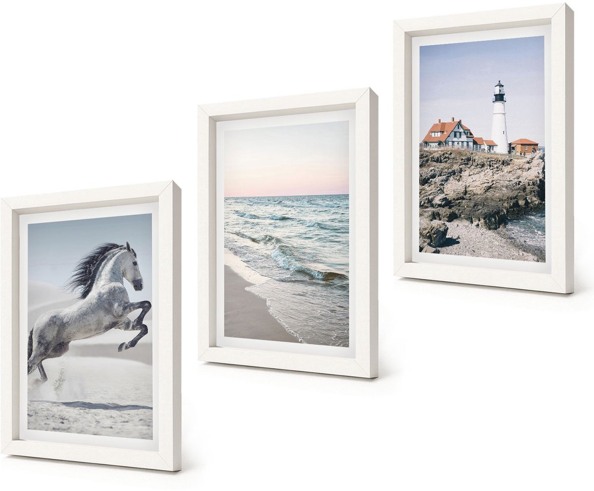 Coloray 3-Delige Schilderij Set - Paarden in beweging, strand en vuurtoren, watergolven - 20x30 - Stijlvolle Muurdecoratie - Slaapkamer - Moderne Wanddecoratie