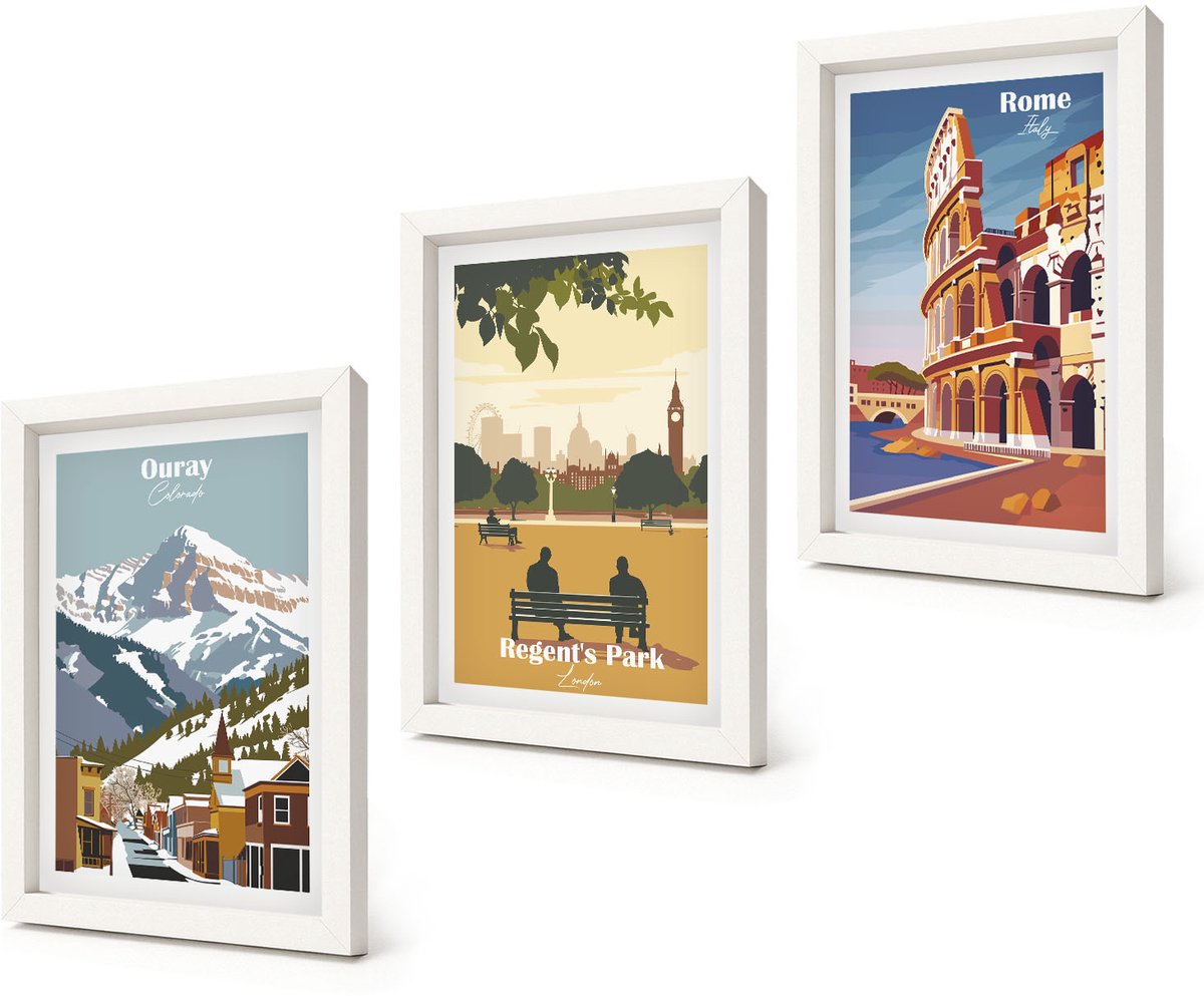 Coloray 3-Delige Schilderij Set - Bergen in Ouray Park in Londen, Colosseum in Rome - 20x30 - Wanddecoratie - Muurdecoratie - Moderne Interieurdecoratie - Stijlvolle Muurdecoratie