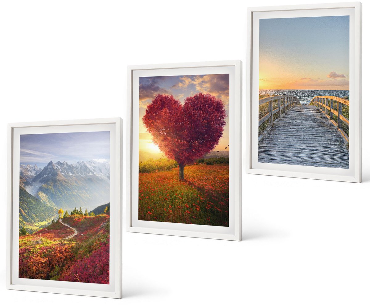 Coloray 3-Delige Schilderij Set - Berglandschappen Hartvormige Boompier - 40 x 60 - Moderne Wanddecoratie - Woonkamer - Woonkamer Decoratie