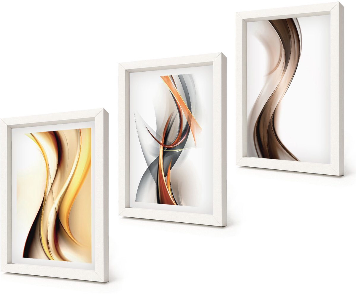 Coloray 3-Delige Schilderij Set - Golven in tinten geel, grijs en bruin. - 20x30 - Decoratieve Muurdecoratie - Slaapkamer