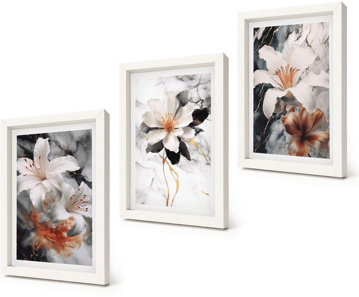 Coloray 3-Delige Schilderij Set - Bloemen op een marmeren achtergrond in wit- en zwarttinten. - 20x30 - Moderne Wanddecoratie - Slaapkamer