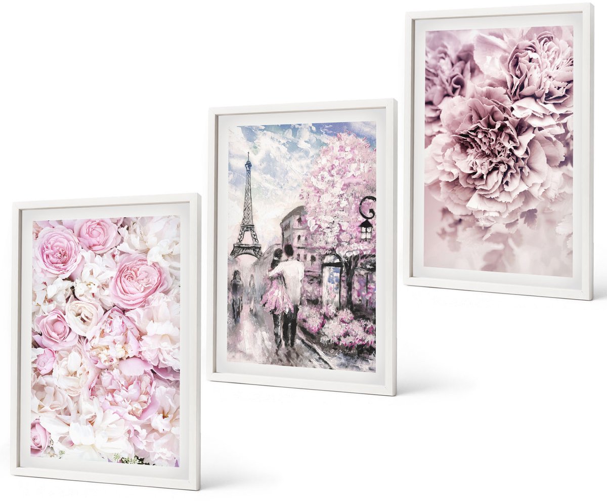 Coloray 3-Delige Schilderij Set - Bloemen In Verschillende Tinten Roze, Romantisch Landschap - 40 x 60 - Wanddecoratie - Schilderijen Set - Kantoor - Decoratieve Schilderijen