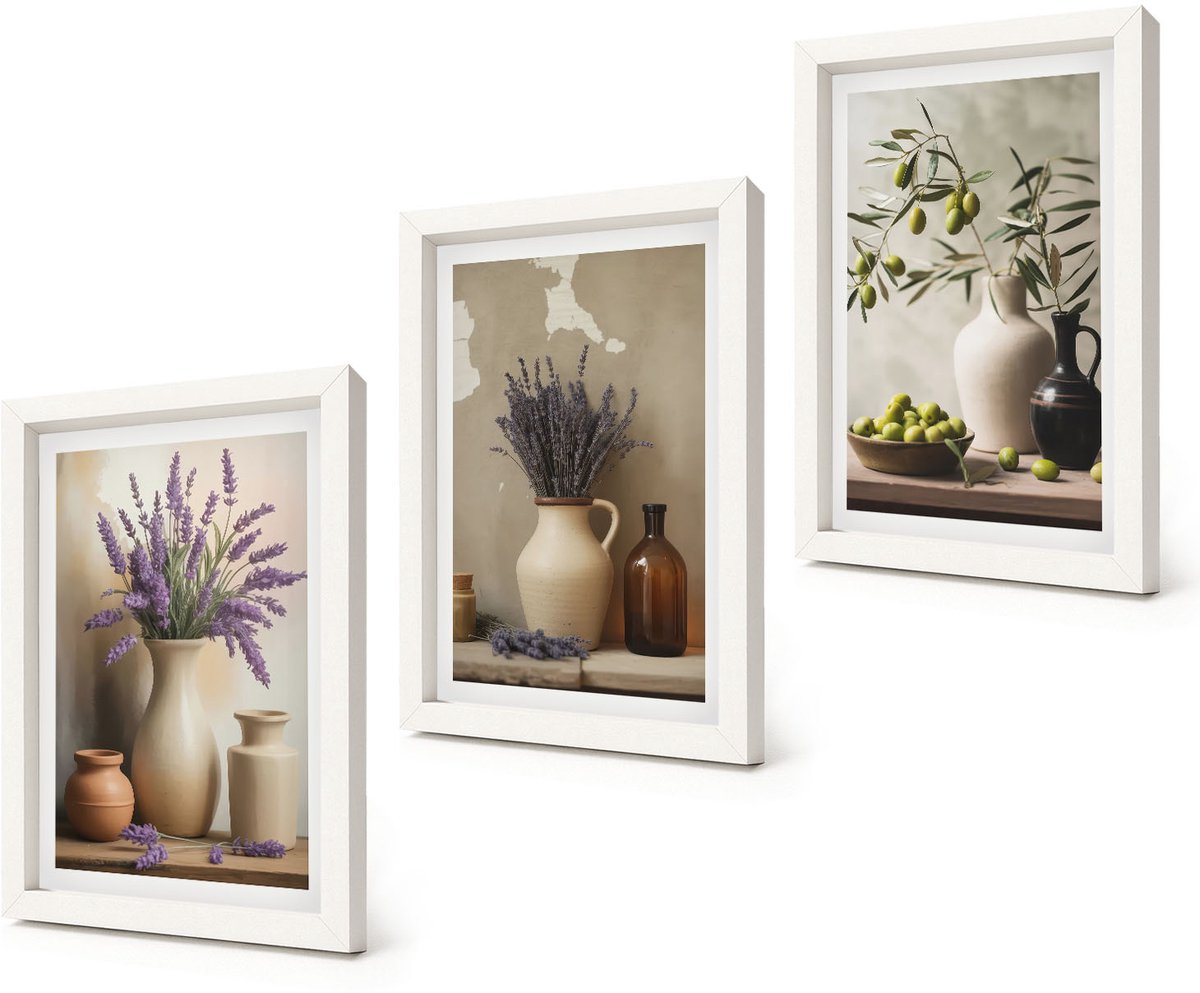 Coloray 3-Delige Schilderij Set - Bloemen in vazen, olijven en natuurlijke decoraties. - 20x30 - Wanddecoratie - Muurdecoratie - Woonkamer - Decoratieve Schilderijen