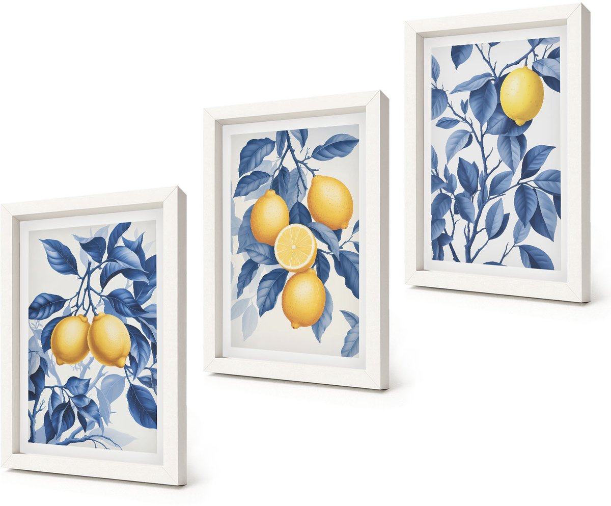 Coloray 3-Delige Schilderij Set - Citroenen aan takken met blauwe bladeren - 20x30 - Wanddecoratie - Moderne Interieurdecoratie - Decoratieve Schilderijen