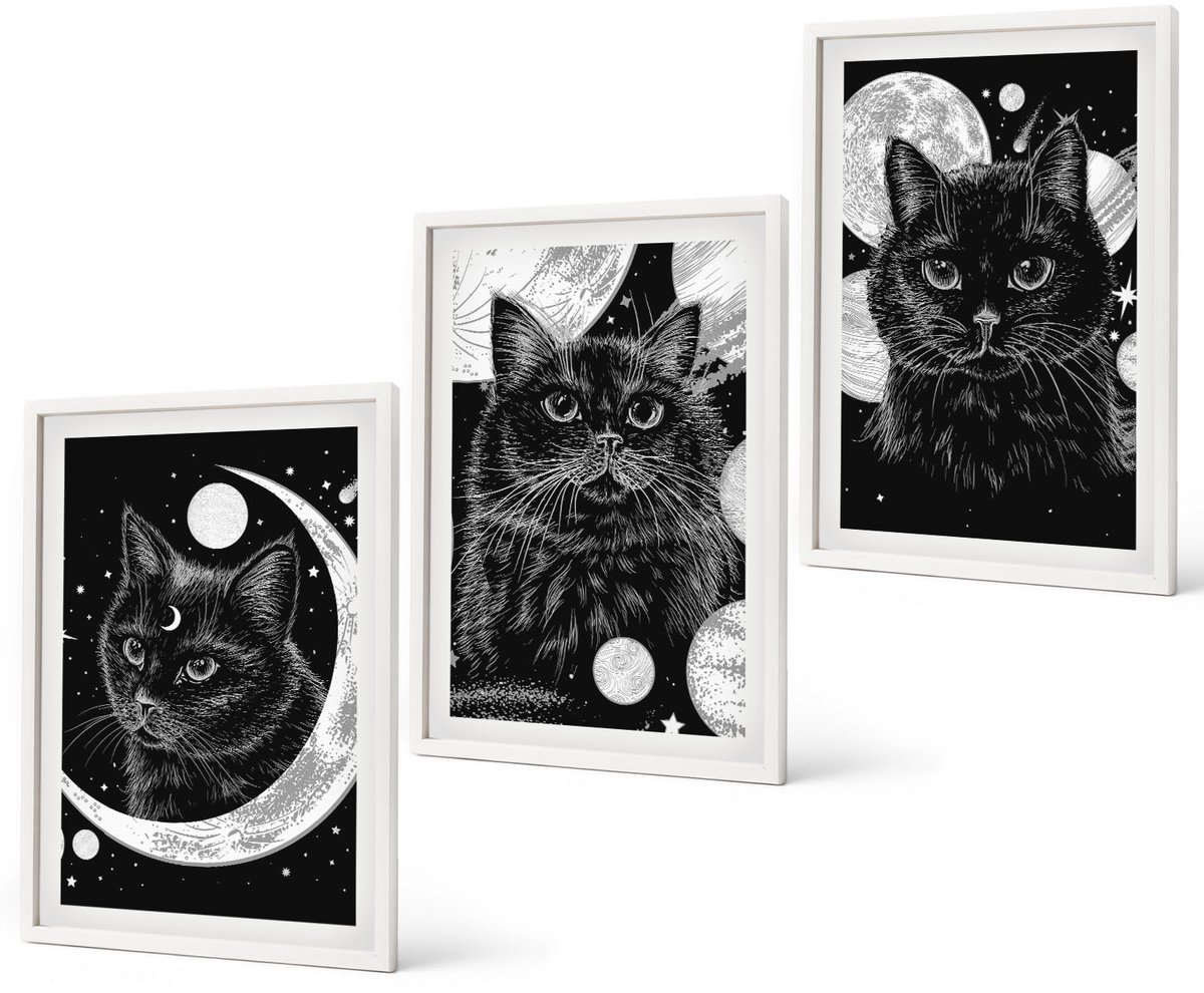 Coloray 3-Delige Schilderij Set - Zwarte Katten Tegen De Achtergrond Van De Maan En Planeten In De Ruimte. - 40 x 60 - Stijlvolle Wanddecoratie - Interieur - Woonkamer Decoratie