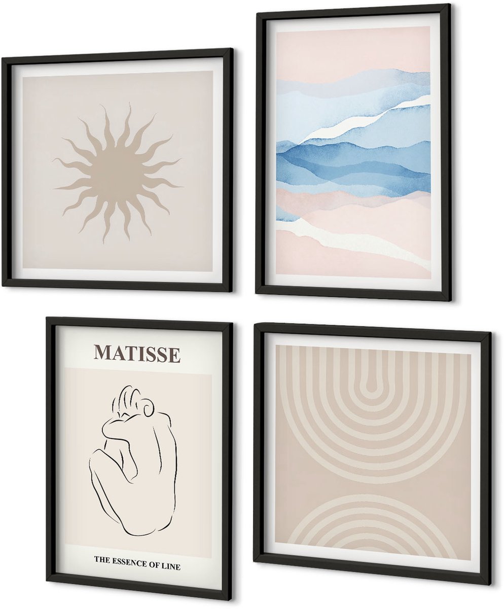 Coloray 4-Delige Schilderij Set - Lijnen En Golven In Pasteltinten Met Een Minimalistisch Accent. - 40 x 40 cm En 40 x 60 cm - Muurdecoratie - Schilderijen Set - Woonkamer - Decoratieve Schilderijen Zwarte lijst