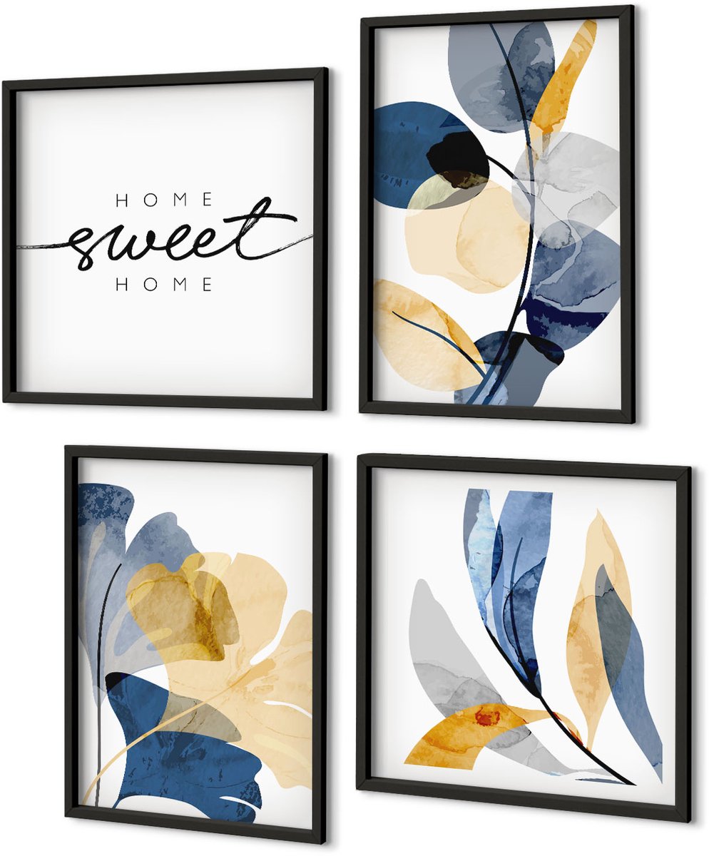 Coloray 4-Delige Schilderij Set - Plantenmotieven In Aquarelstijl - 40 x 40 cm En 40 x 60 cm - Stijlvolle Muurdecoratie - Kantoor - Woonkamer Decoratie Zwarte lijst