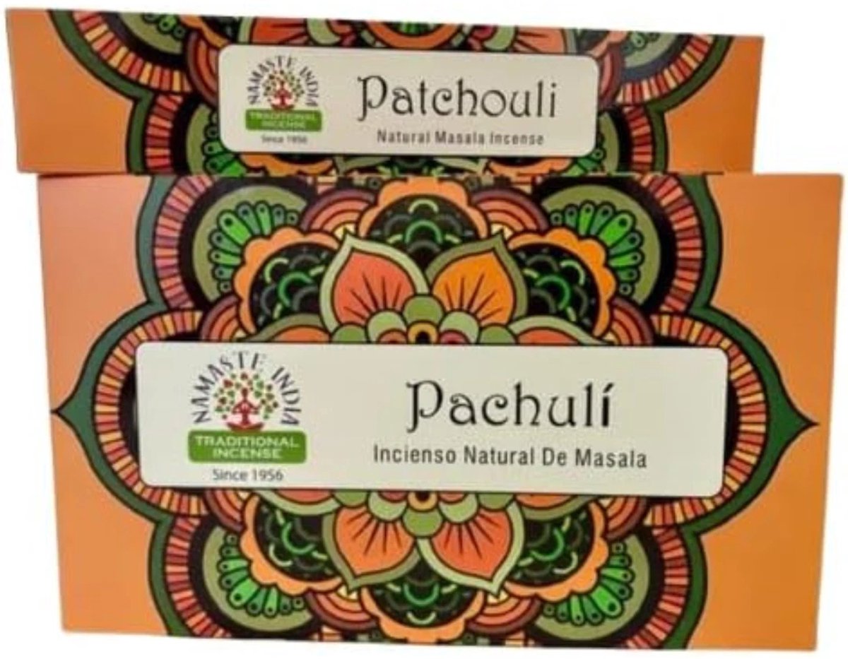 Namaste India Wierookstokjes Patchouli - 12 Pakjes van 15g (Totaal 240 Stuks Voordeelverpakking) - Natuurlijke Handgemaakte Wierook voor Meditatie, Yoga, Ontspanning en Aromatherapie Met Kajal Sticker