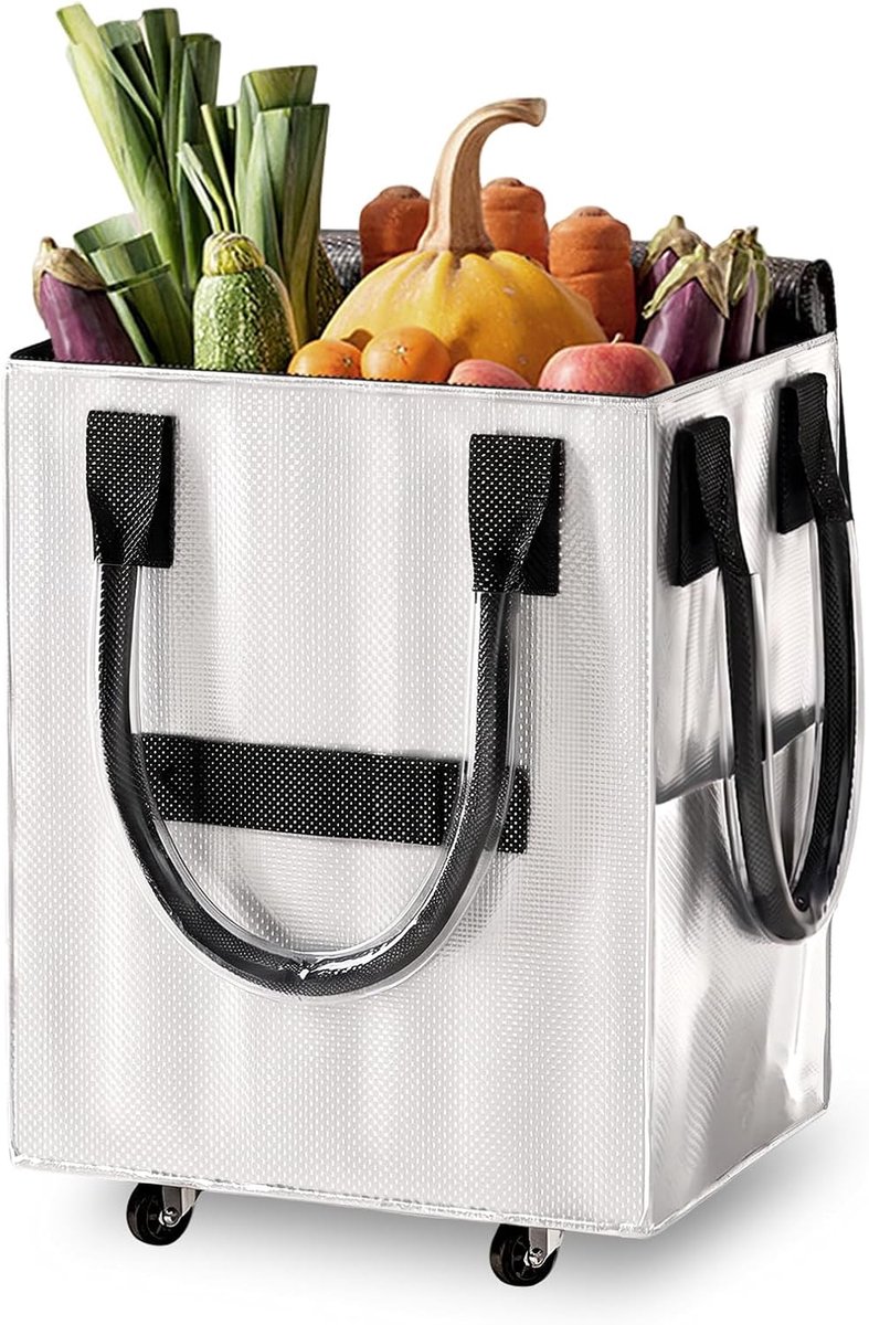 Opvouwbare boodschappenkar met wielen 50,8×40,64×30,48 cm, herbruikbare boodschappentas, drempelvrij transport voor boodschappen, wasgoed, kamperen en verhuizen（zilver）
