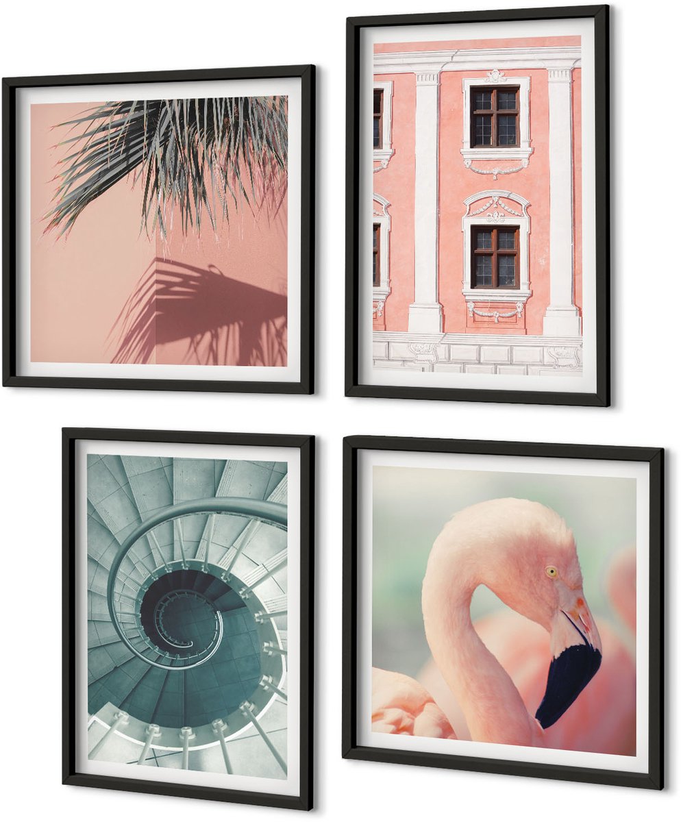 Coloray 4-Delige Schilderij Set - Pastelkleurige Architectuur En Spiraalpatronen - 40 x 40 cm En 40 x 60 cm - Moderne Wanddecoratie - Slaapkamer - Interieur Decoratie Zwarte lijst