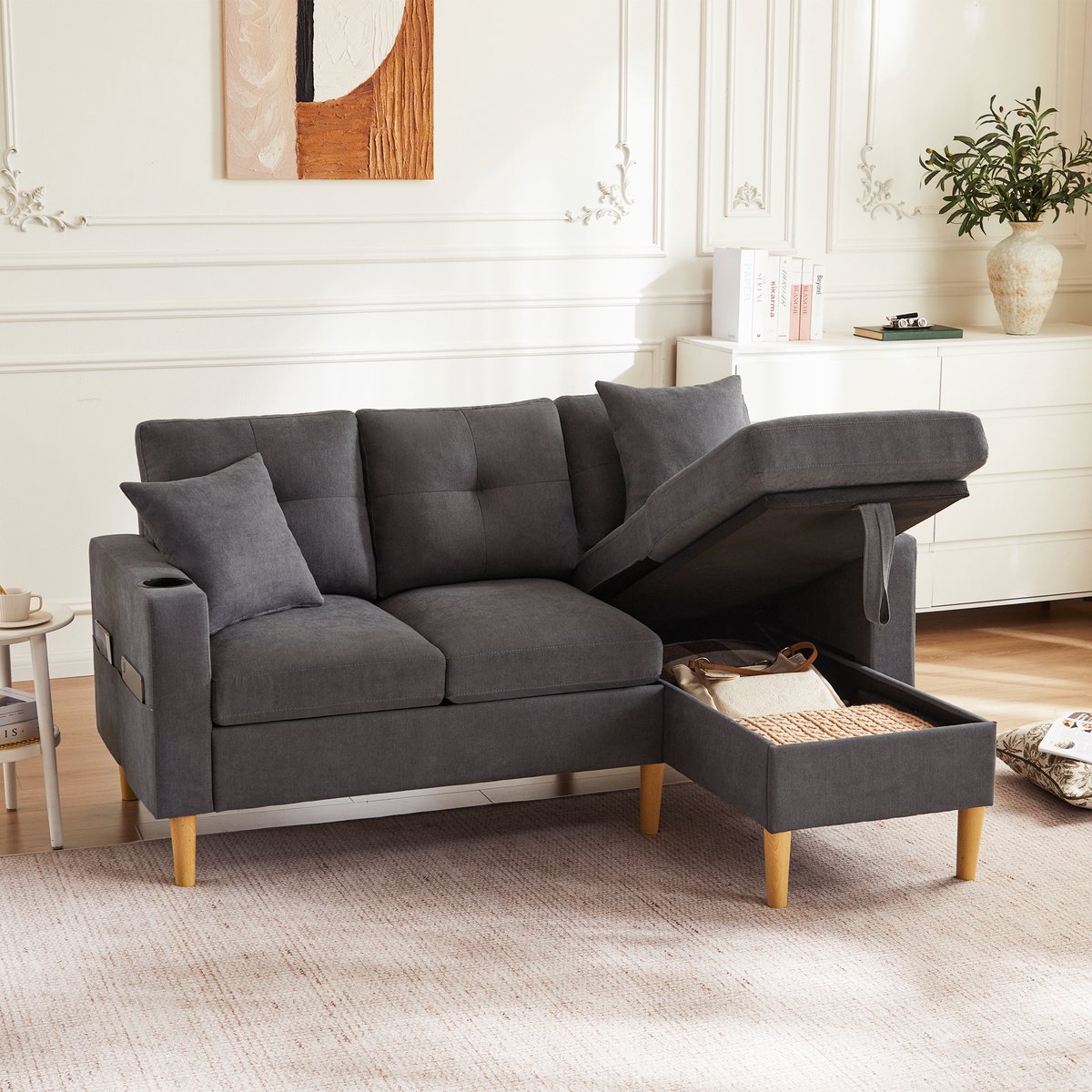 L-vorm bank met chaise longue en opbergruimte - woonkamer, kantoor of appartement - 3 personen - 175x129x90 cm - geïntegreerde drankhouders - verborgen opbergvak - zijvakken - incl. 2 kussens