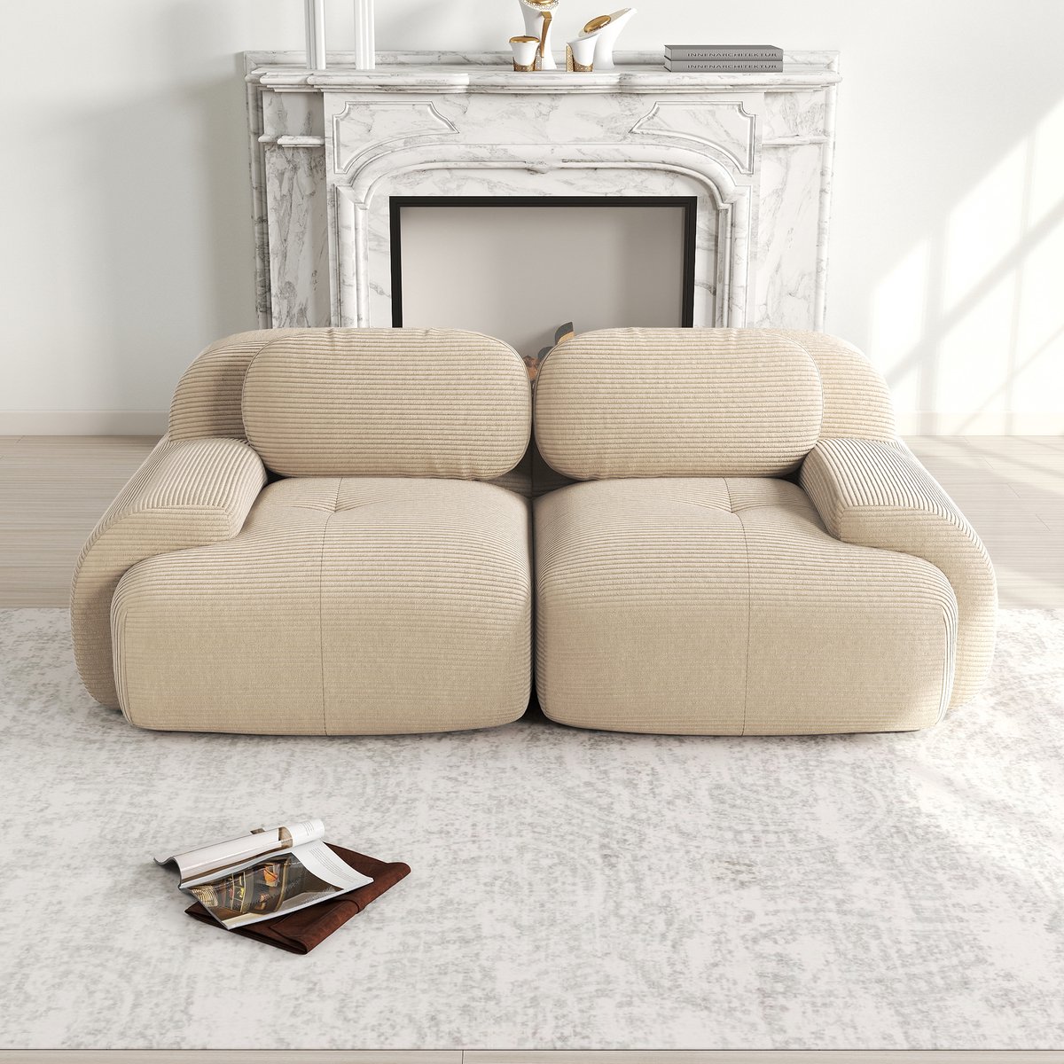 Corduroy loveseat - modulaire frameloze 2-zitsbank - 2 personen - beige - gebogen armleuningen - antislip onderkant - geen montage nodig