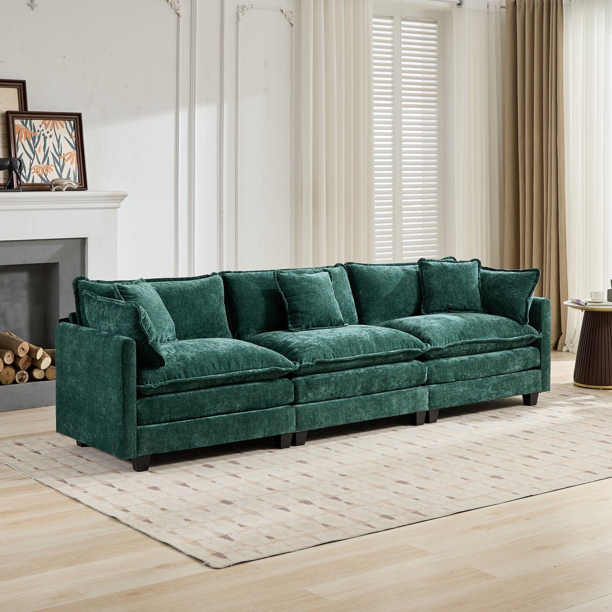 Cloud 3-zitsbank - Modulair design voor woonkamer en appartement - 3 zitplaatsen - Groen - Ademende chenille bekleding en dubbellaags kussen - Modulair vrij te combineren - Eenvoudige montage in 30 minuten