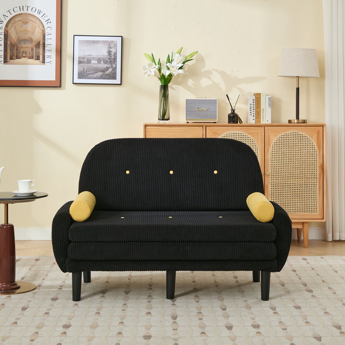 2-zitsbank met opbergruimte - Sofa, daybed en relaxstoel - 2 personen - Zwart corduroy - Verstelbare rugleuning - 2 kussens inbegrepen - Metalen frame