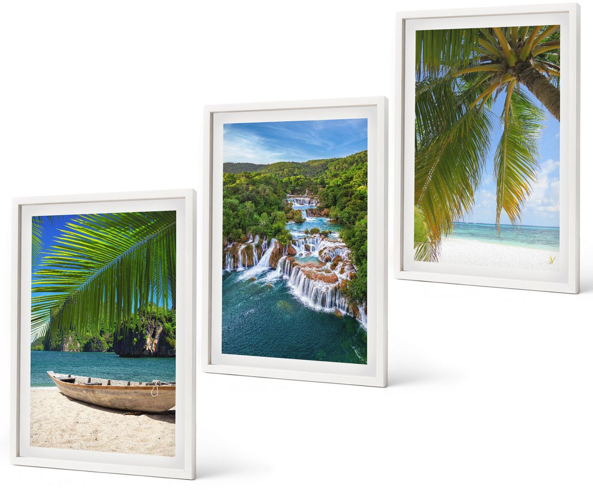 Coloray 3-Delige Schilderij Set - Strand Met Boten, Watervallen En Palmbomen In De Tropen - 40 x 60 - Schilderijen Set - Wanddecoratie - Woonkamer - Muurdecoratie