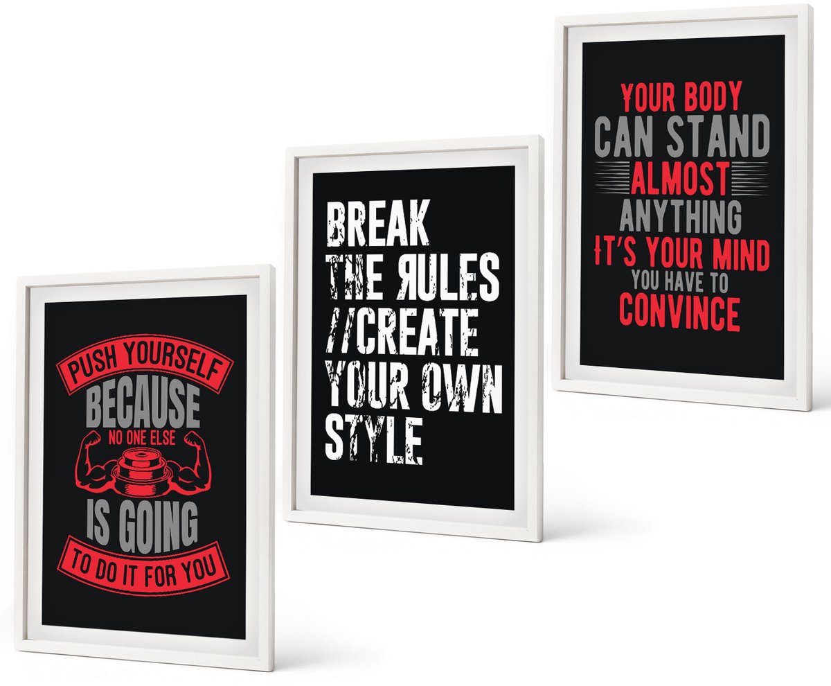 Coloray 3-Delige Schilderij Set - Motivatieslogans Voor Training En Zelfontwikkeling - 40 x 60 - Wanddecoratie - Woonkamer Decoratie - Interieur Decoratie