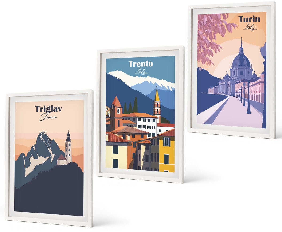 Coloray 3-Delige Schilderij Set - Bergen En Architectuur, Retro, Kleurrijke Illustraties - 40 x 60 - Wanddecoratie - Muurdecoratie - Moderne Interieurdecoratie - Decoratieve Schilderijen