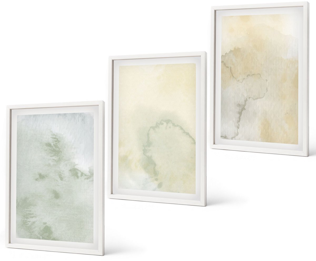 Coloray 3-Delige Schilderij Set - Pastel Aquarelverf Op Canvas, Textuurverf - 40 x 60 - Muurdecoratie - Interieur Decoratie - Wanddecoratie