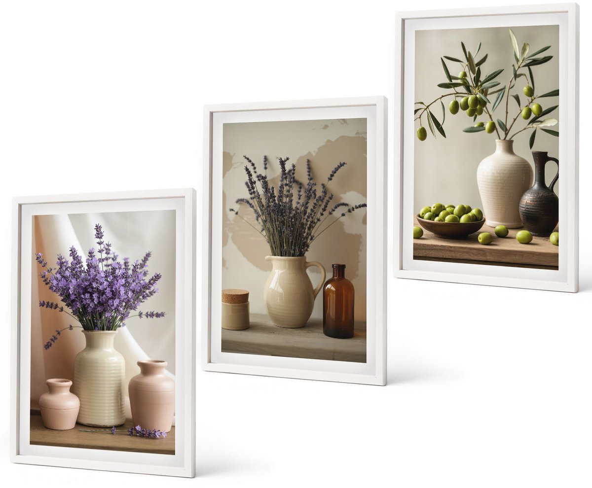 Coloray 3-Delige Schilderij Set - Lavendelbloemen, Olijven En Keramische Vazen - 40 x 60 - Muurdecoratie - Wanddecoratie - Hal