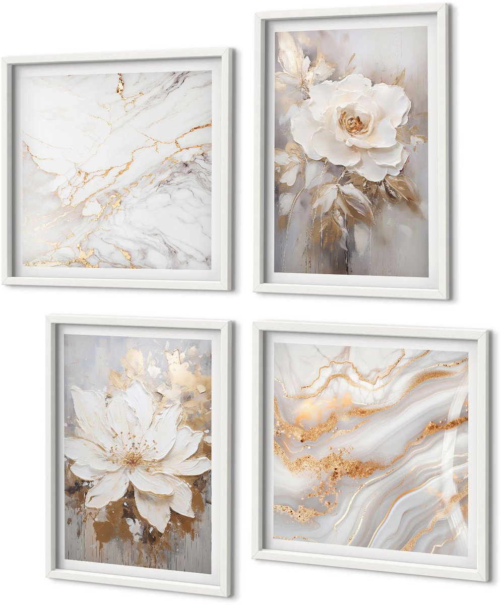 Coloray 4-Delige Schilderij Set - Bloemen En Abstract Marmerpatroon - 40 x 40 En 40 x 60 - Schilderijen Set - Wanddecoratie - Woonkamer - Muurdecoratie