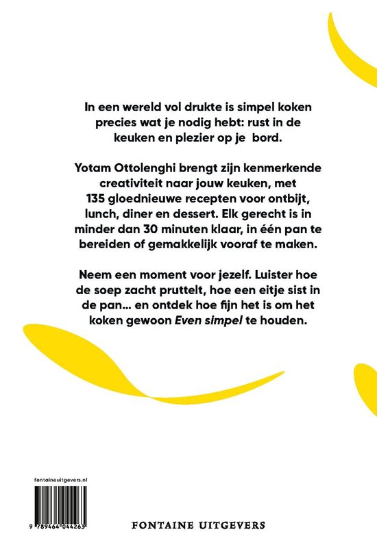 Boekomslag met tekst over "Even simpel" koken van Yotam Ottolenghi, met gele accenten.