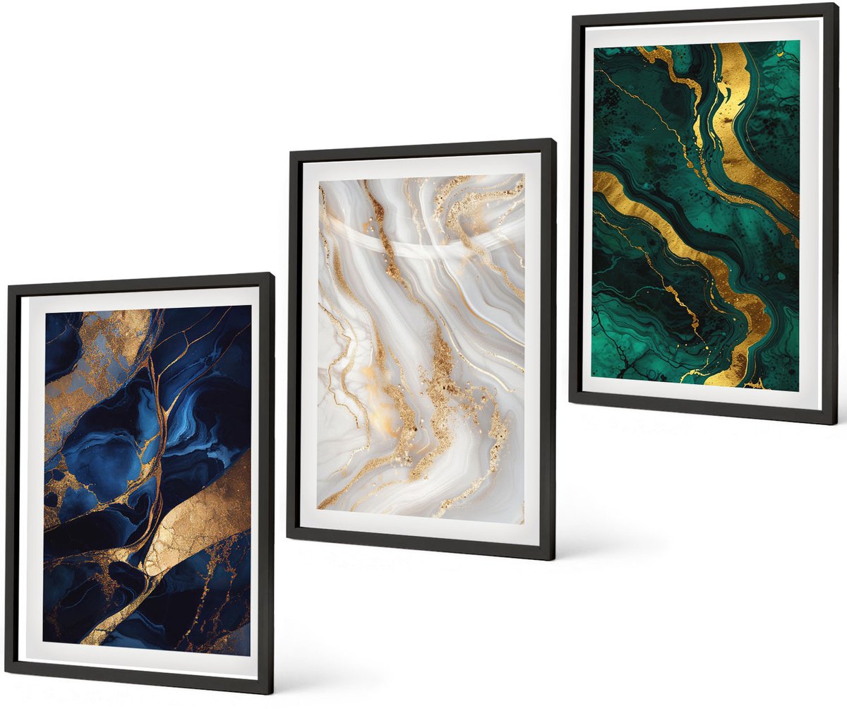 Coloray 3-Delige Schilderij Set - Abstracte Patronen In Blauw- En Groentinten. - 40 x 60 cm - Muurdecoratie - Wanddecoratie - Slaapkamer - Interieur Decoratie